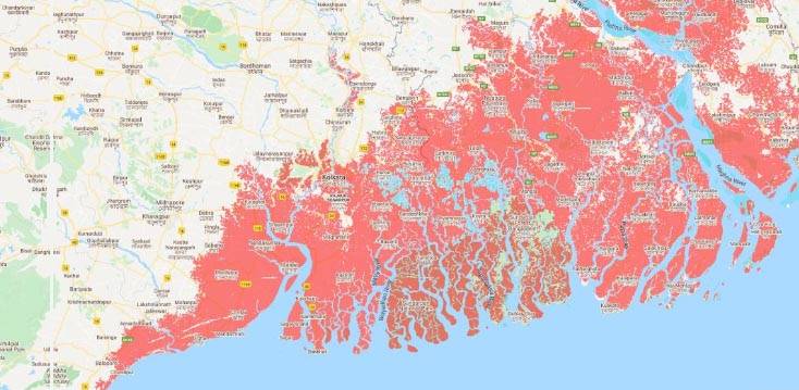 Proyección a 2050 sobre el aumento del nivel del mar en Kolkata, India