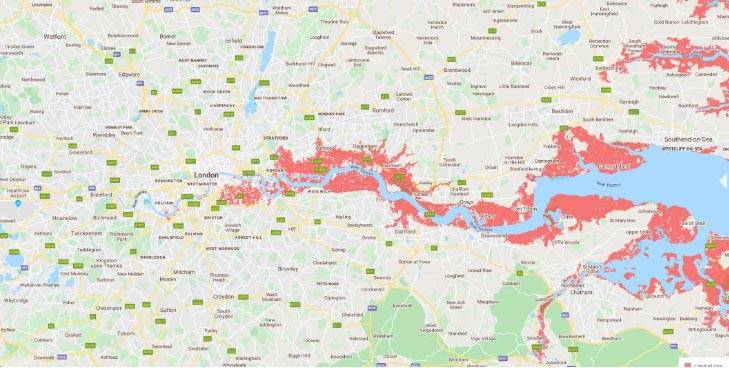 Proyección anterior sobre el aumento del nivel del mar en Londres