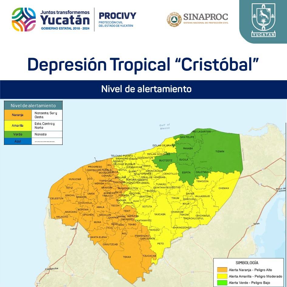 Gráfica de Protección Civil sobre los niveles de alerta relacionados con "Cristóbal", que de depresión tropical pasó a ser tormenta, se degradó y volvería a ser tormenta.